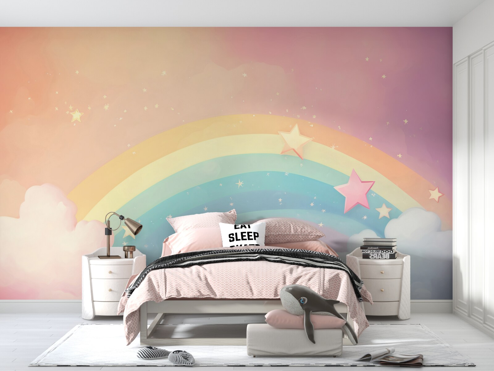 Fototapet un curcubeu sclipind printre nori