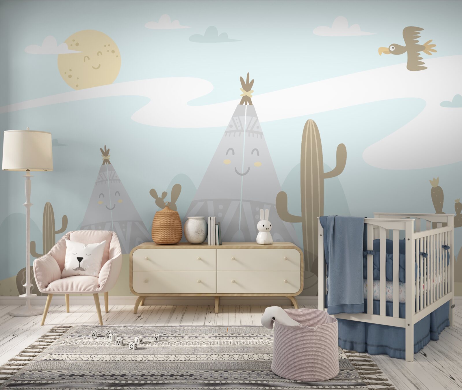 Fototapet corturi printre cactuși în deșert