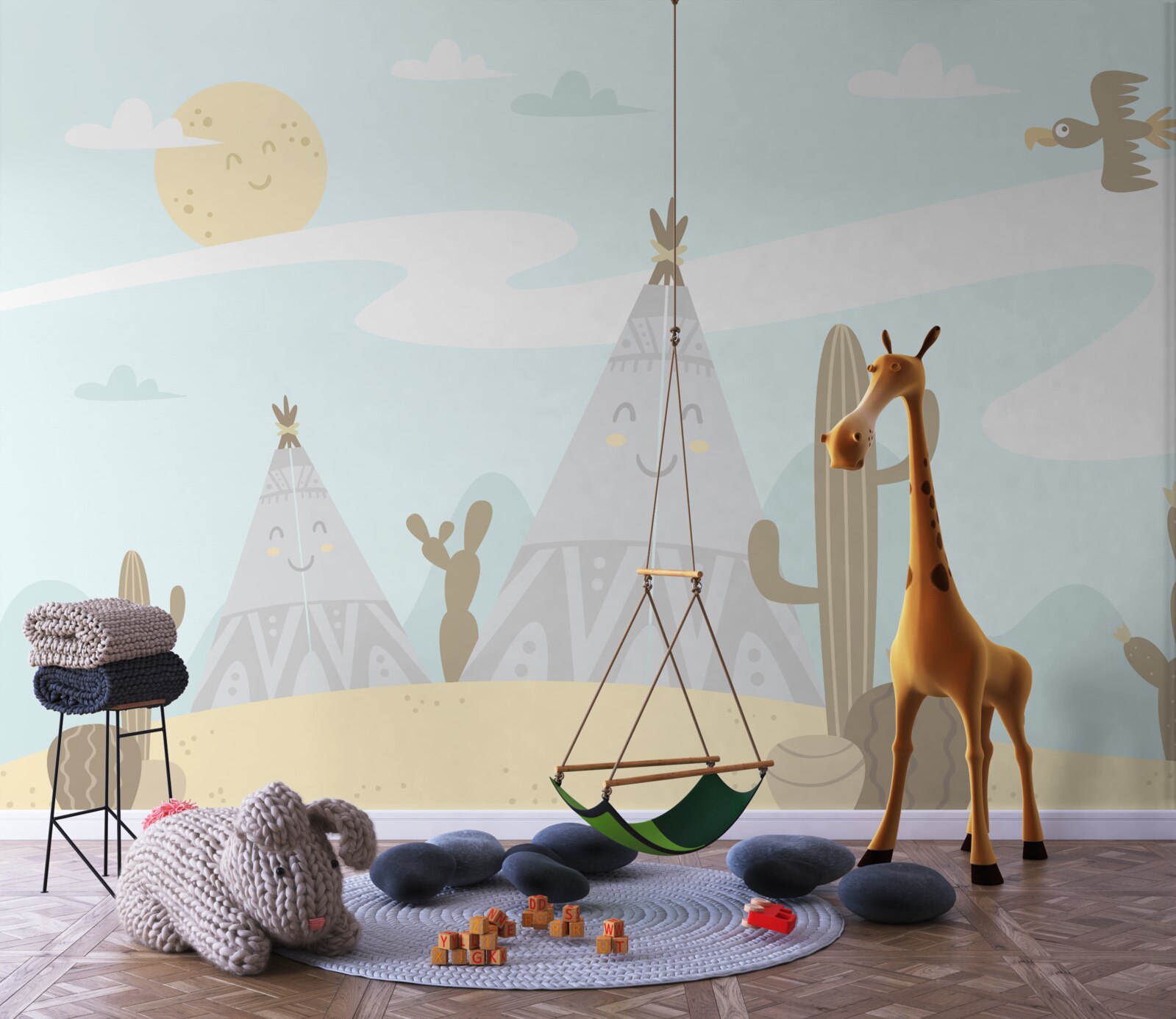 Fototapet corturi printre cactuși în deșert