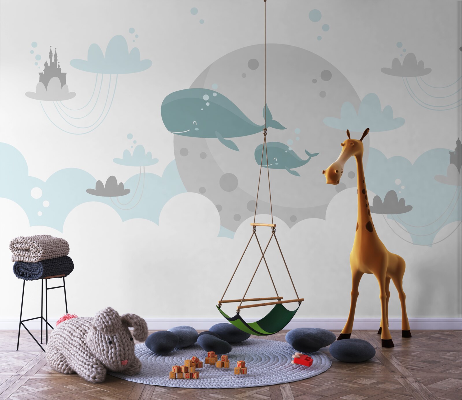 Fototapet o familie de balene înoată printre nori