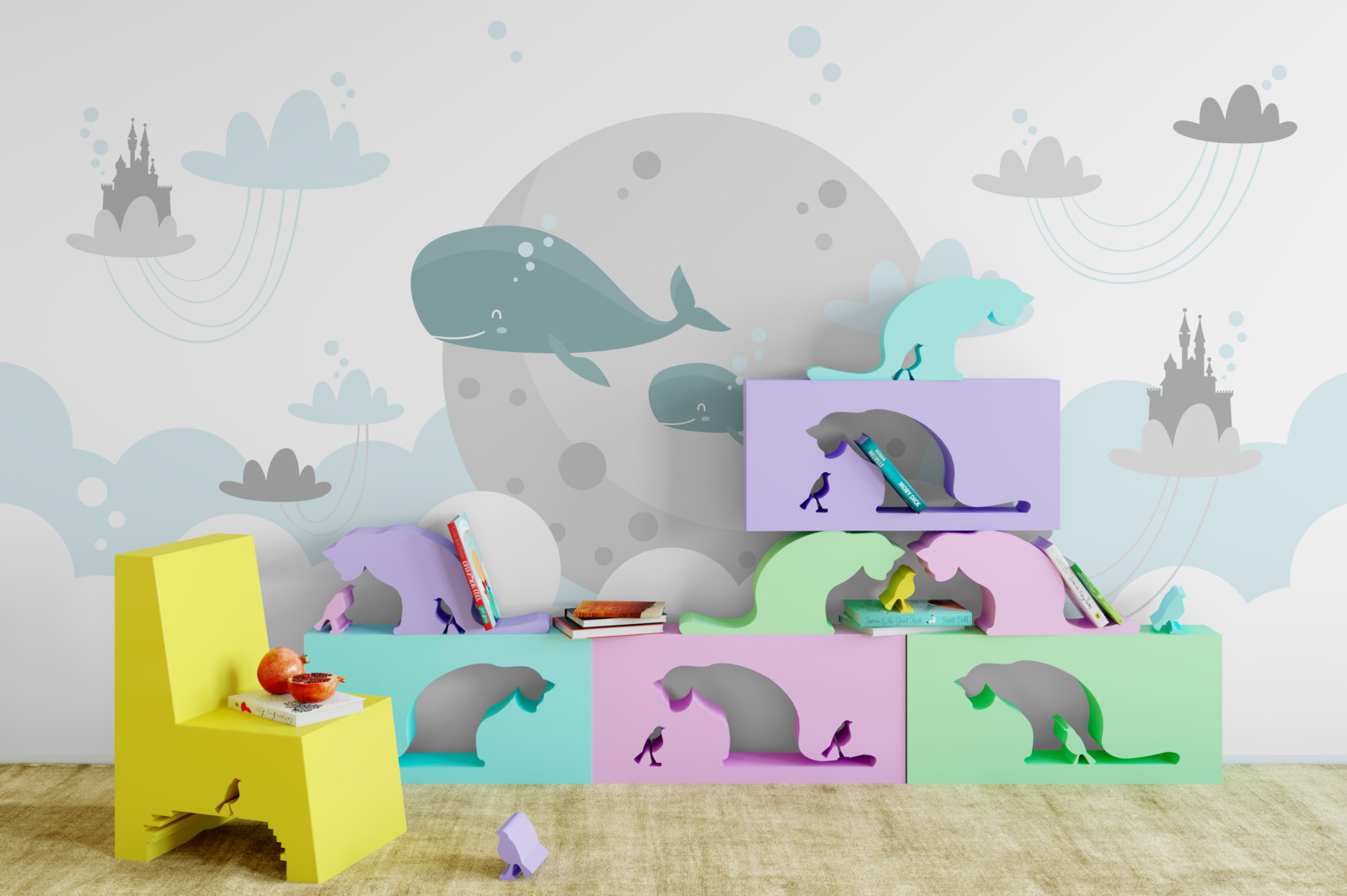 Fototapet o familie de balene înoată printre nori