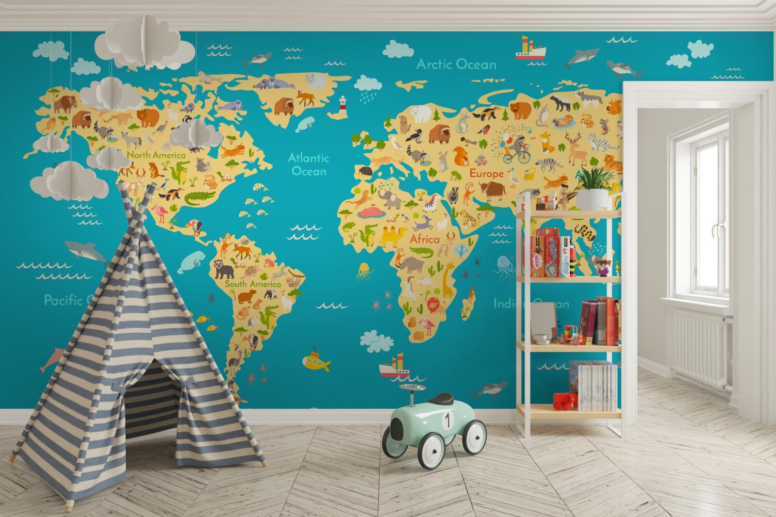 Fototapet harta lumii cu fotografii ale faunei și ale locuitorilor locali