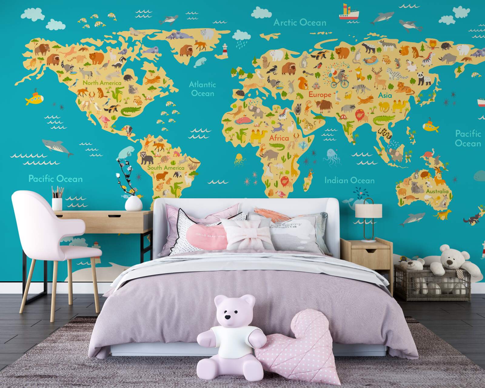 Fototapet harta lumii cu fotografii ale faunei și ale locuitorilor locali