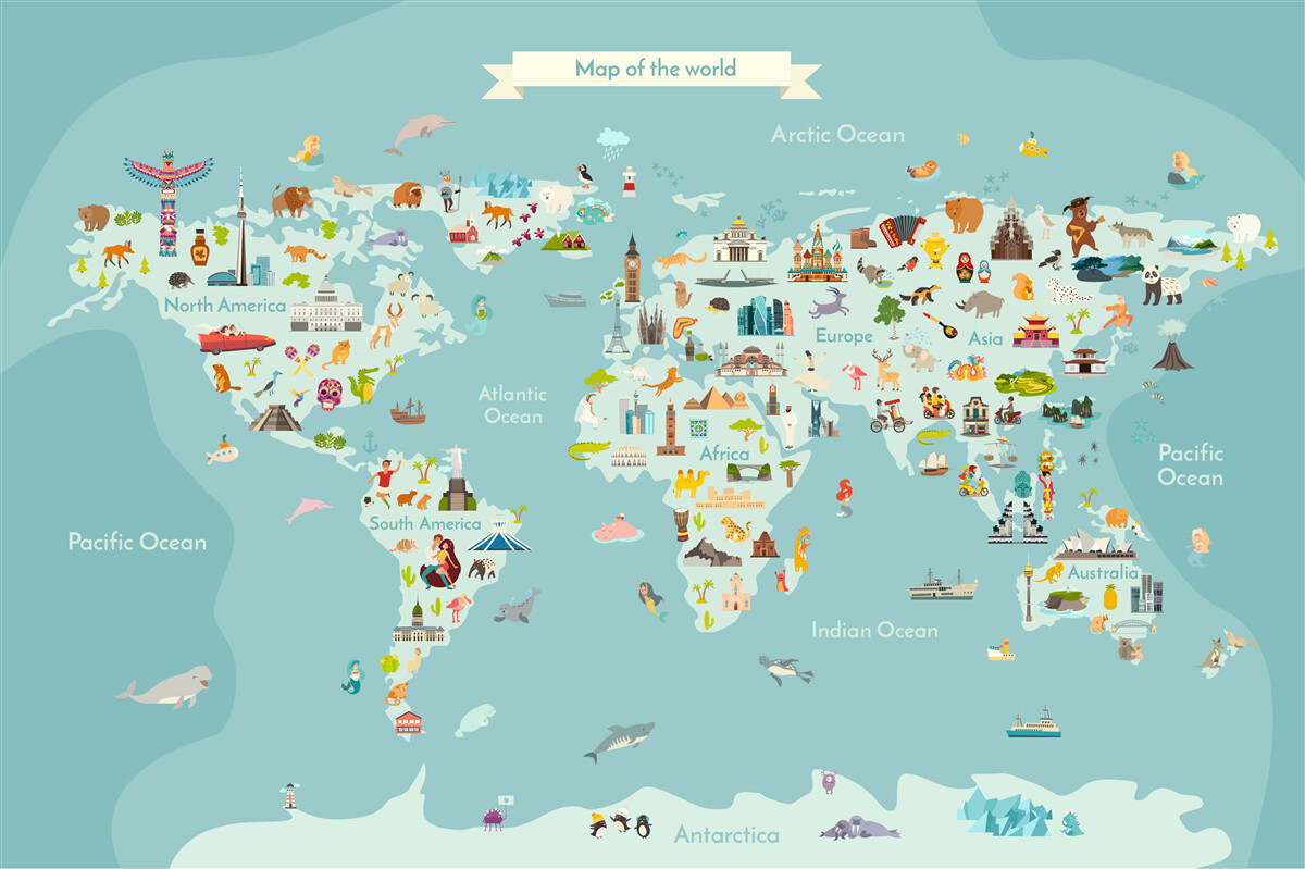 Fototapet hartă a lumii cu repere marcate