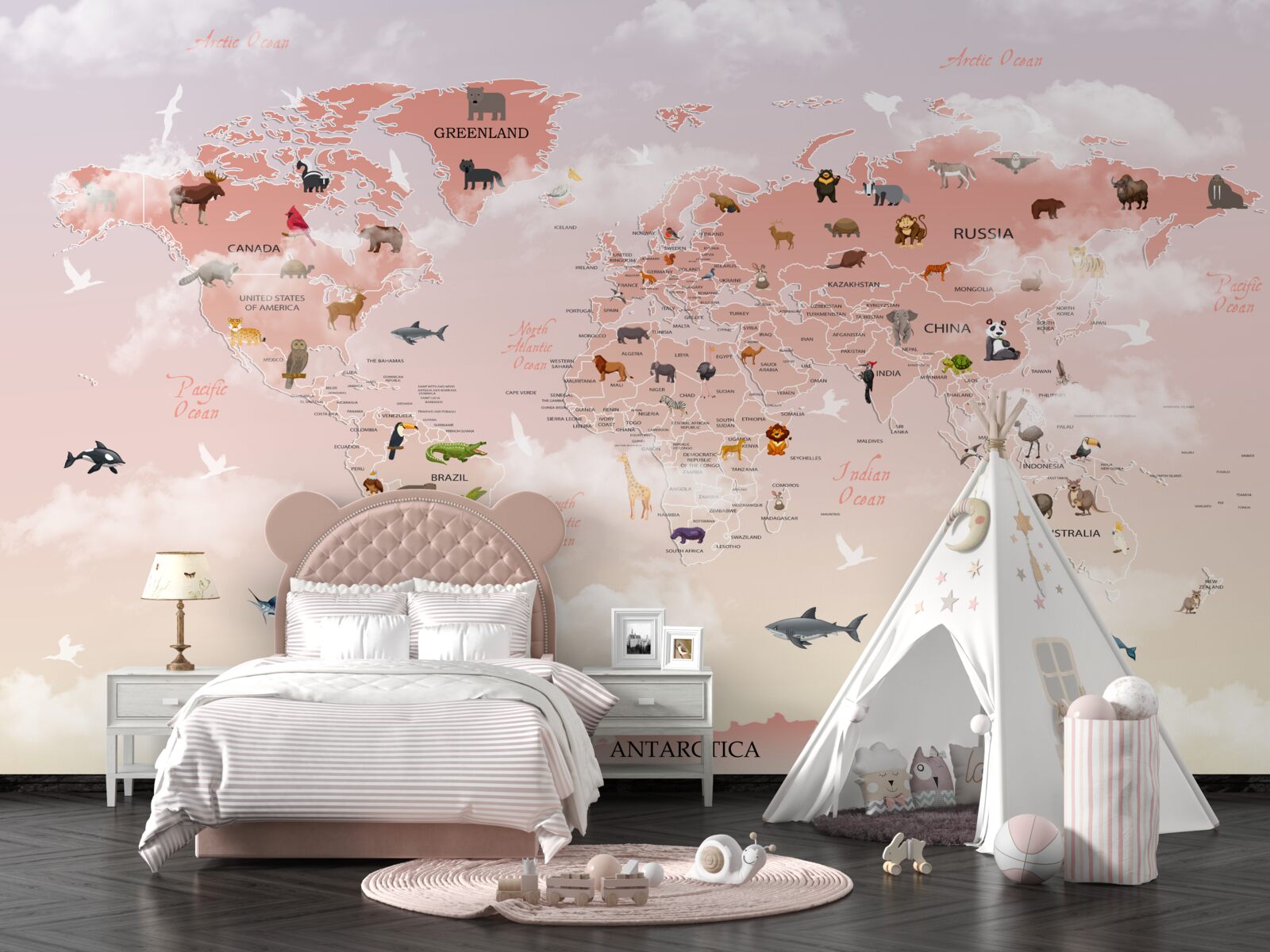Fototapet harta lumii roz cu imagini și nume de animale