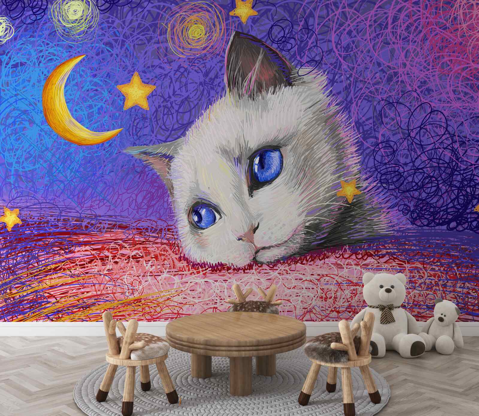 Fototapet pisică drăguță se uită la lună