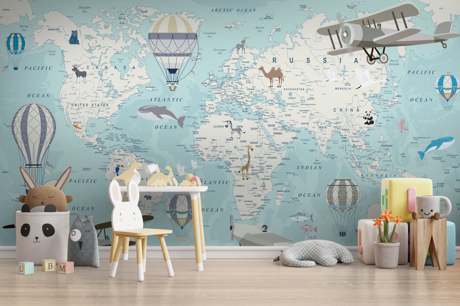 Fototapet hartă detaliată a lumii cu baloane și avioane