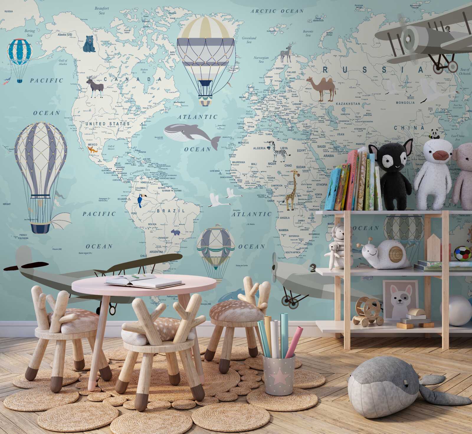 Fototapet hartă detaliată a lumii cu baloane și avioane
