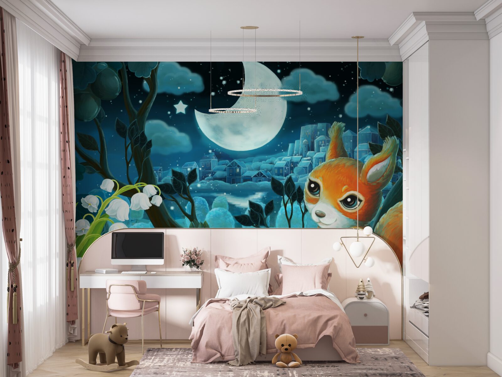 Fototapet veverița admiră luna care strălucește deasupra orașului