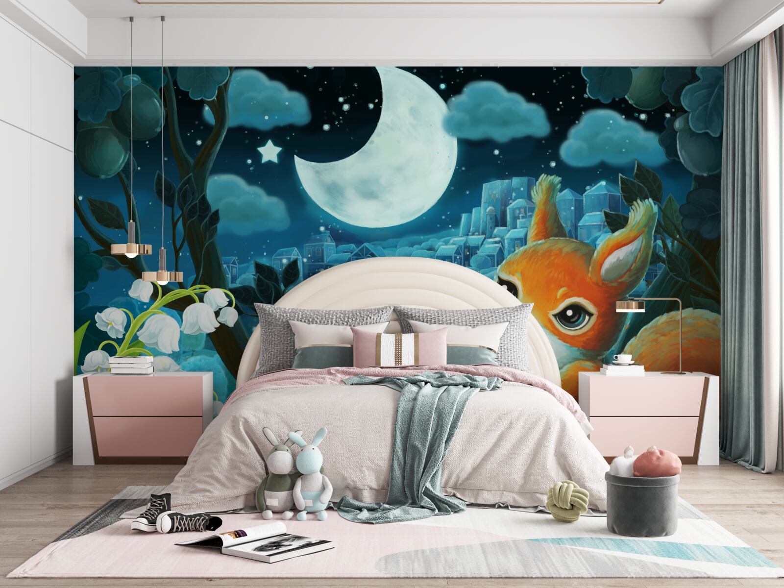 Fototapet veverița admiră luna care strălucește deasupra orașului