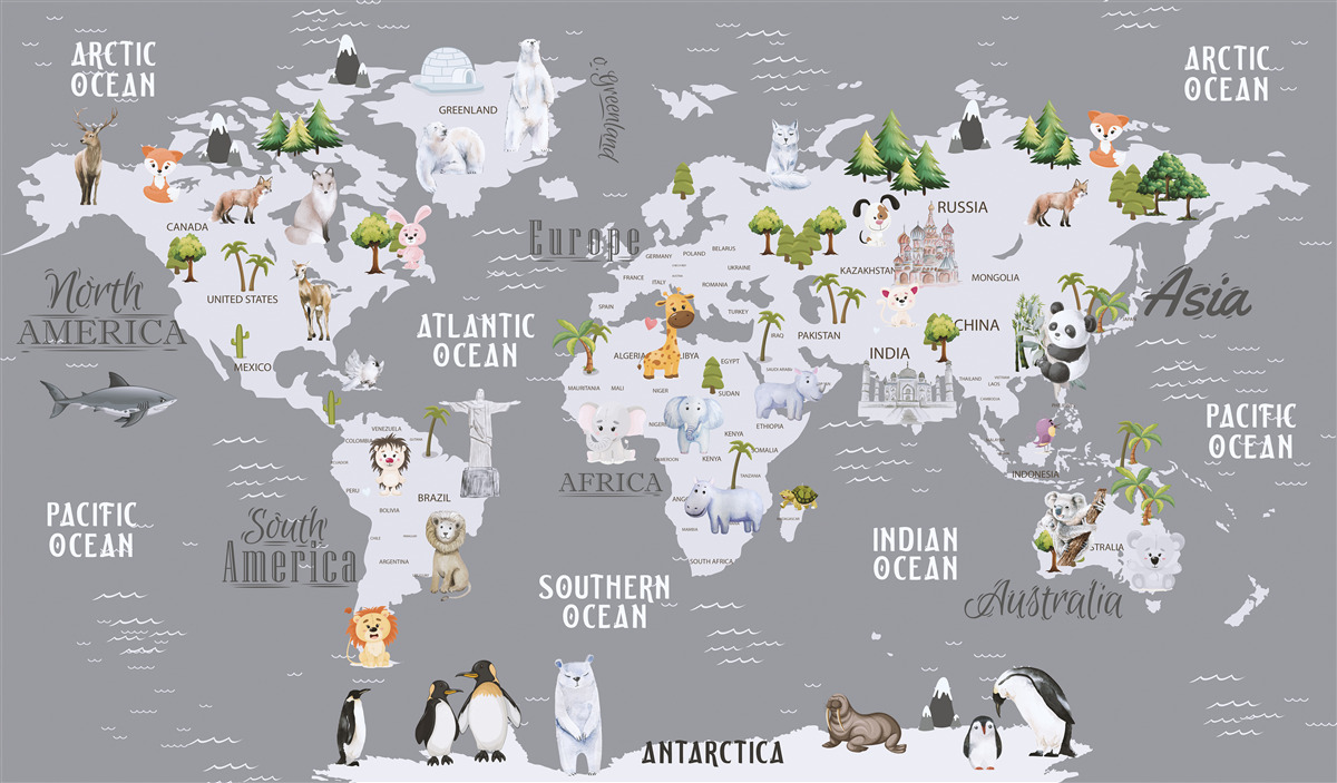 Fototapet harta lumii cu principalii locuitori și monumente importante