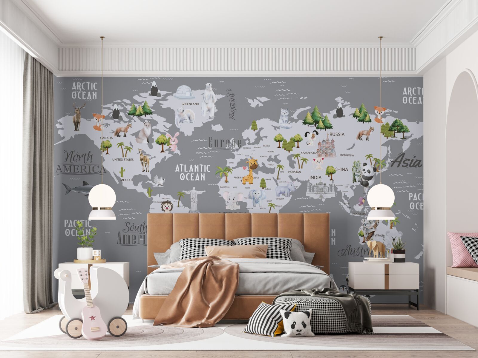 Fototapet harta lumii cu principalii locuitori și monumente importante