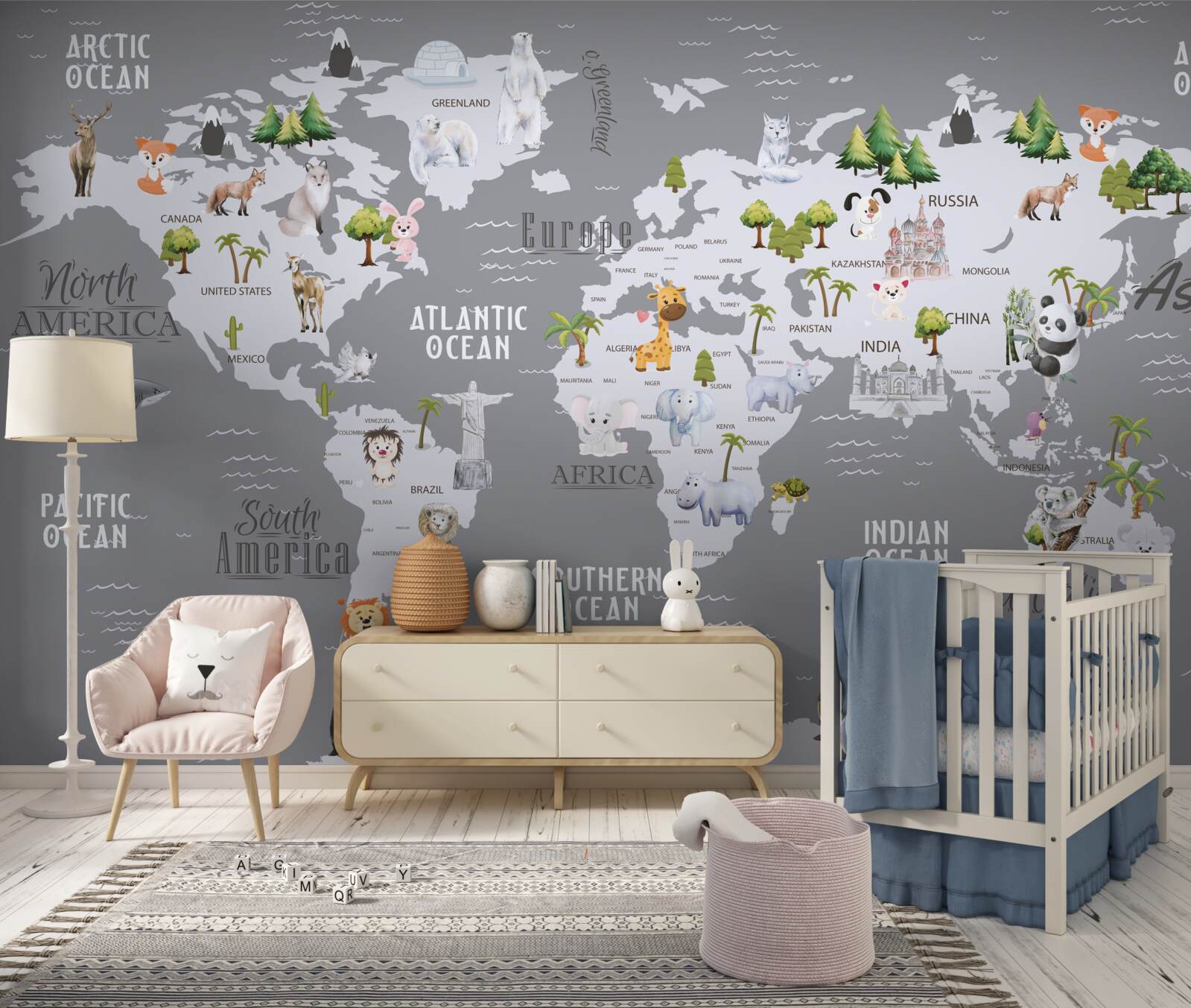 Fototapet harta lumii cu principalii locuitori și monumente importante