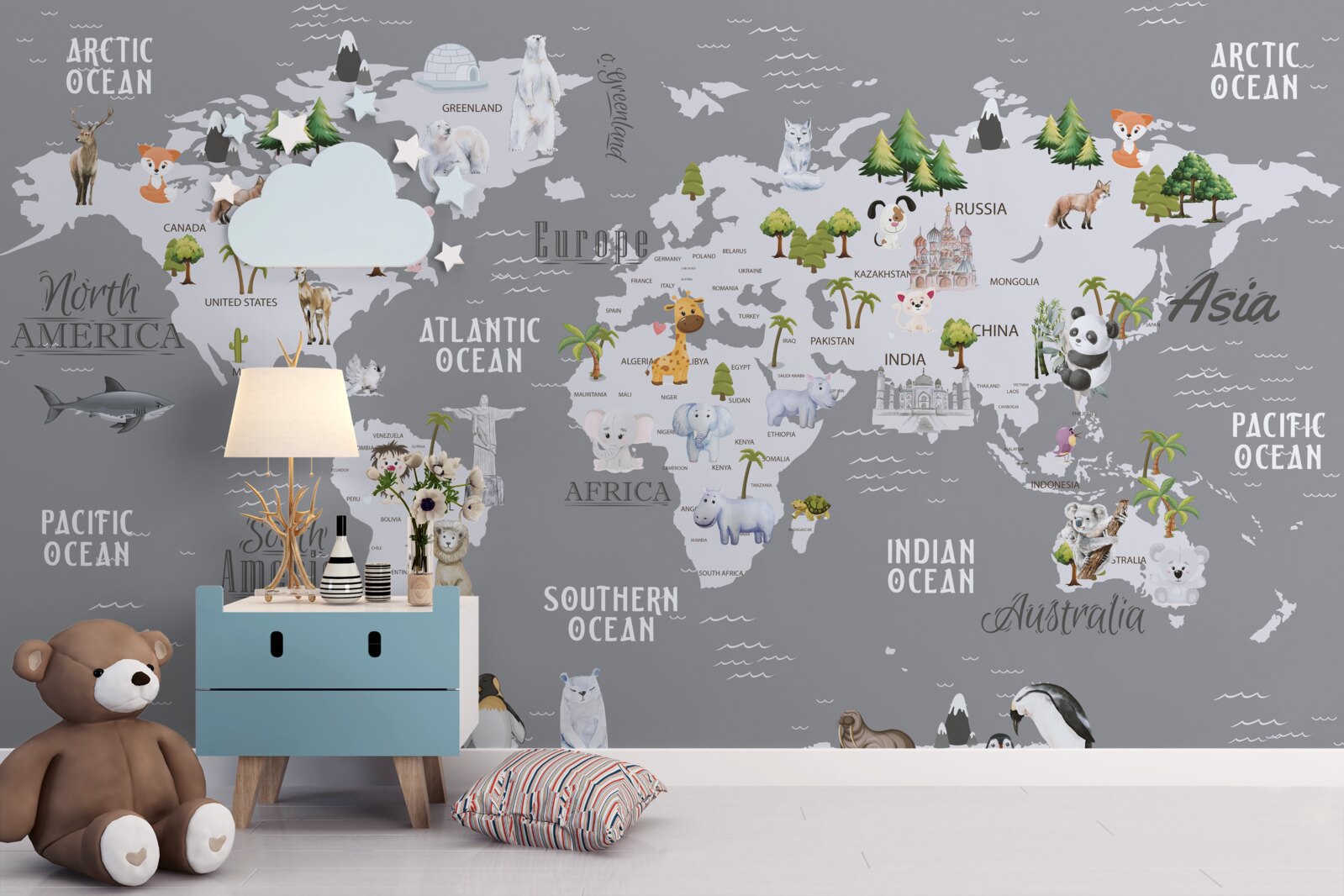 Fototapet harta lumii cu principalii locuitori și monumente importante