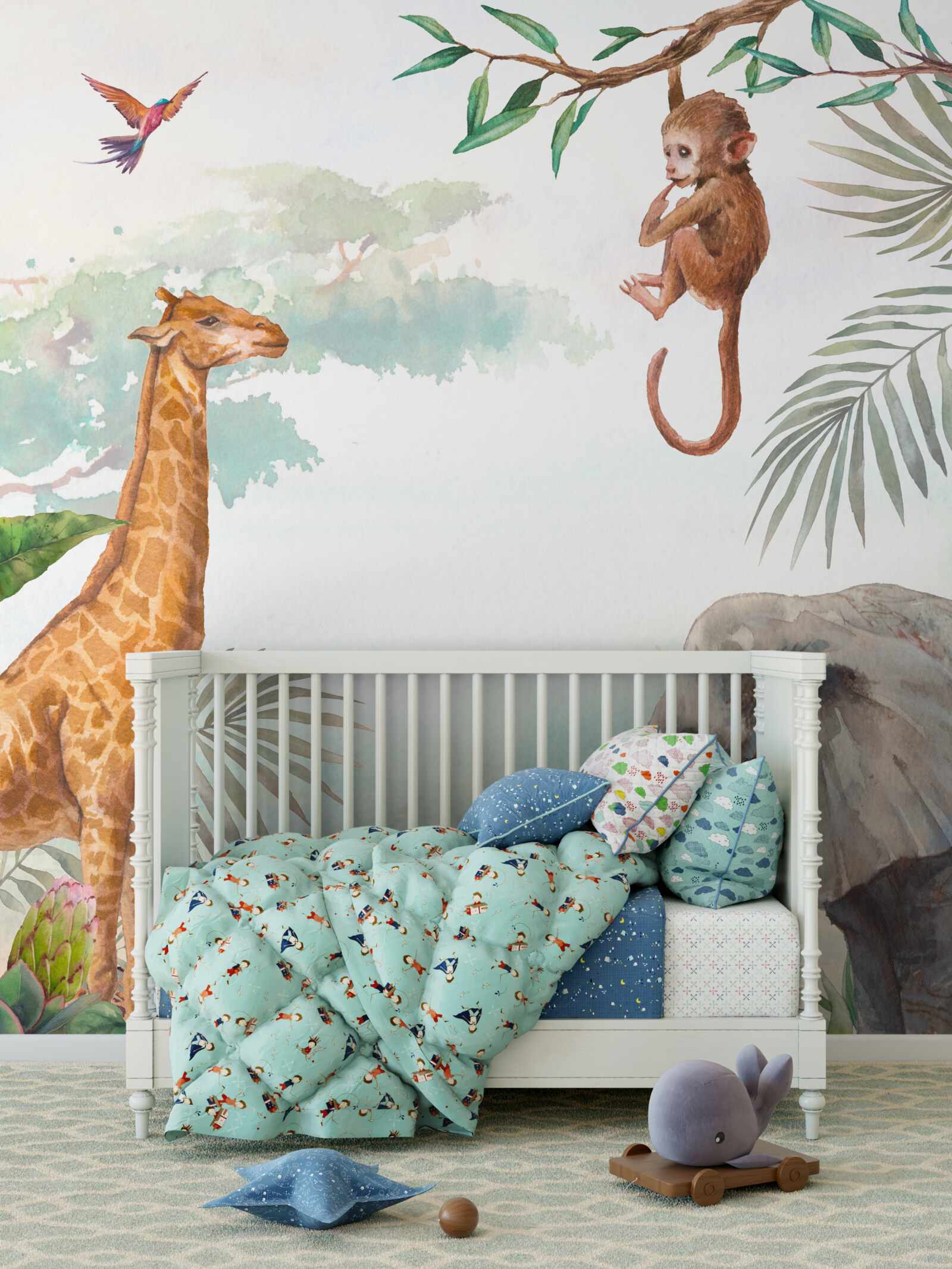 Fototapet Girafa admiră o maimuță în copac