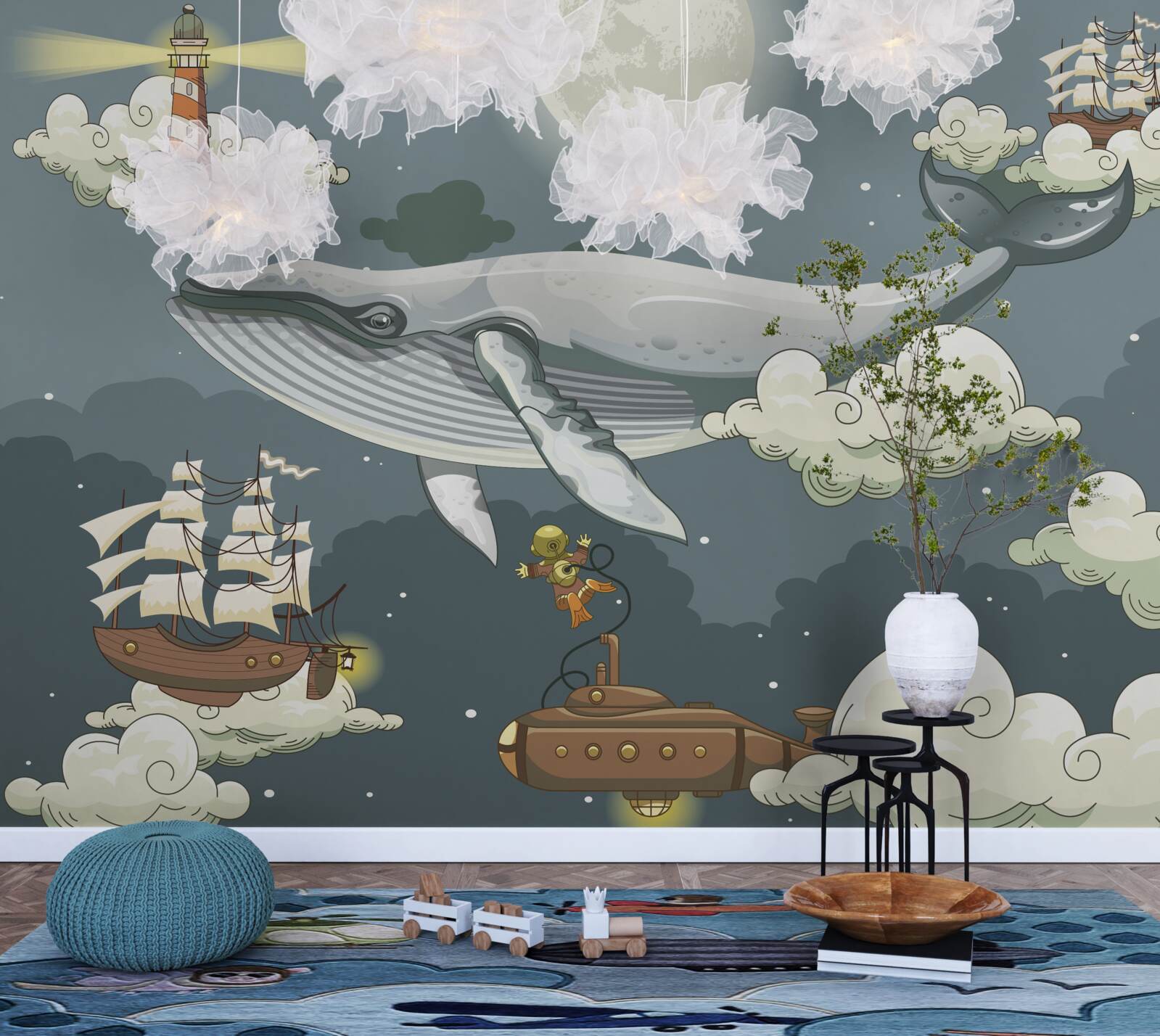 Fototapet turiști subacvatici și o balenă