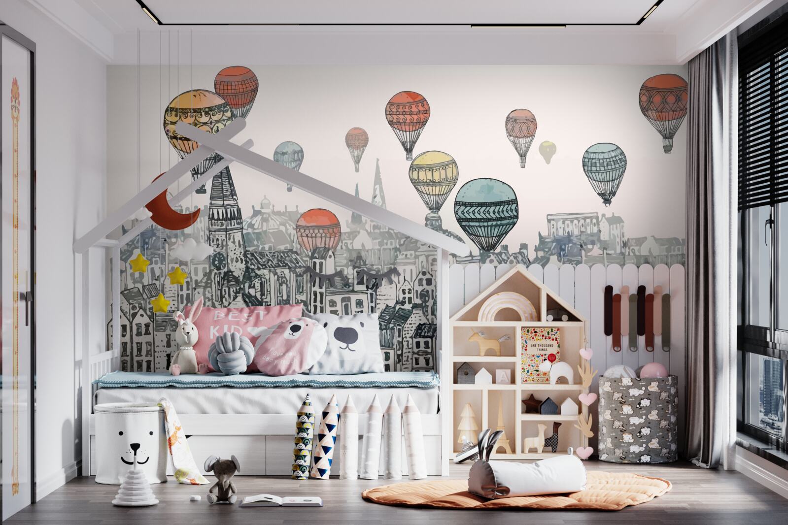 Fototapet baloane plutesc deasupra orașului