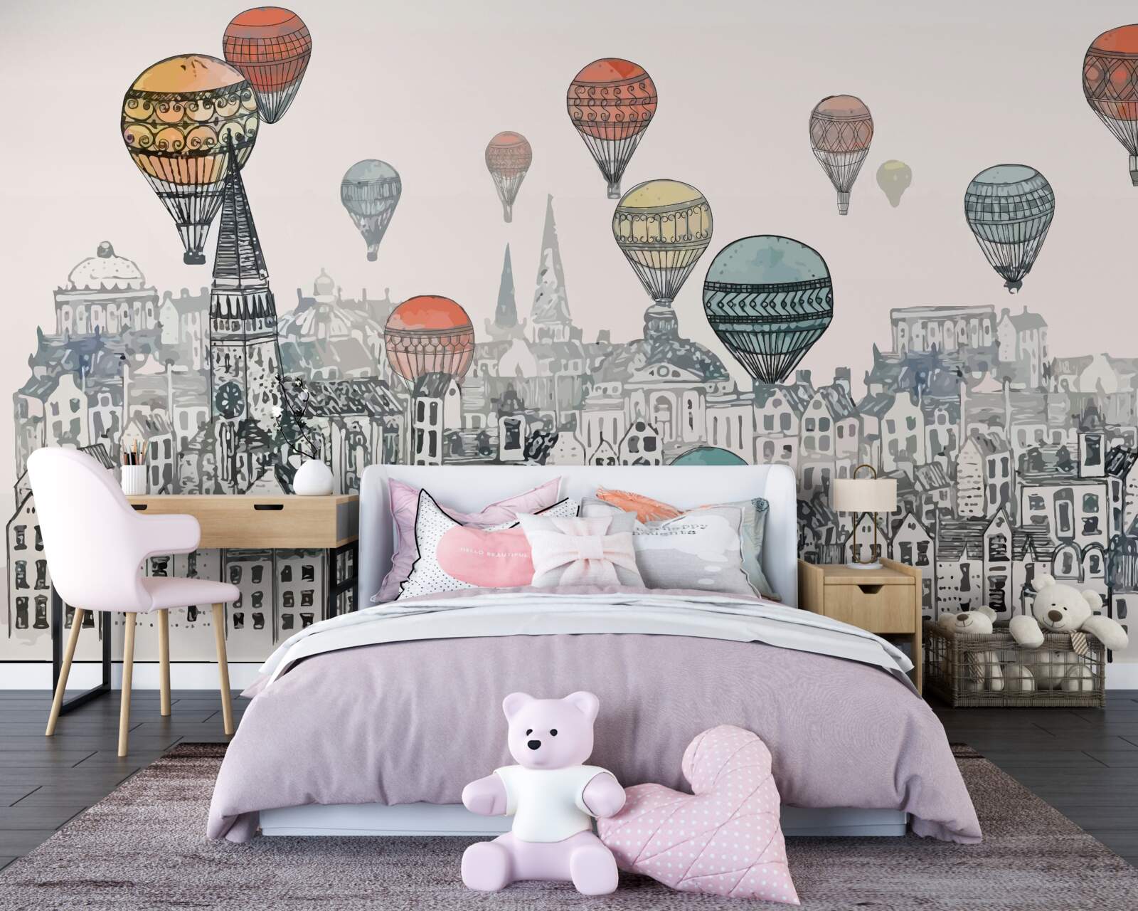 Fototapet baloane plutesc deasupra orașului