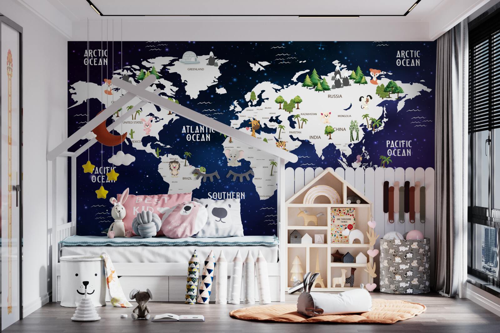 Fototapet hartă a lumii pe timp de noapte cu oceanele marcate