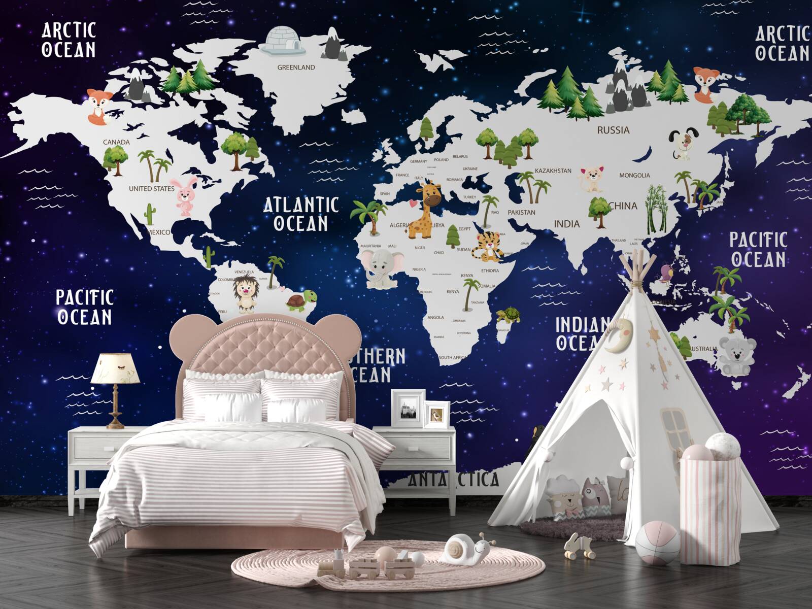 Fototapet hartă a lumii pe timp de noapte cu oceanele marcate