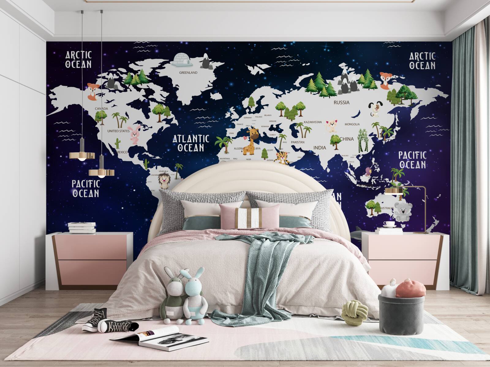 Fototapet hartă a lumii pe timp de noapte cu oceanele marcate