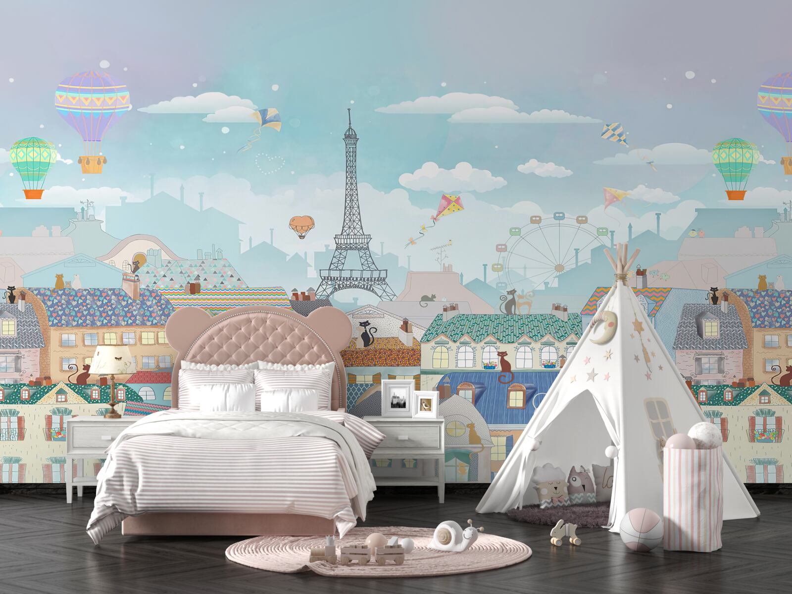 Fototapet pisici mici pe acoperișurile clădirilor din oraș