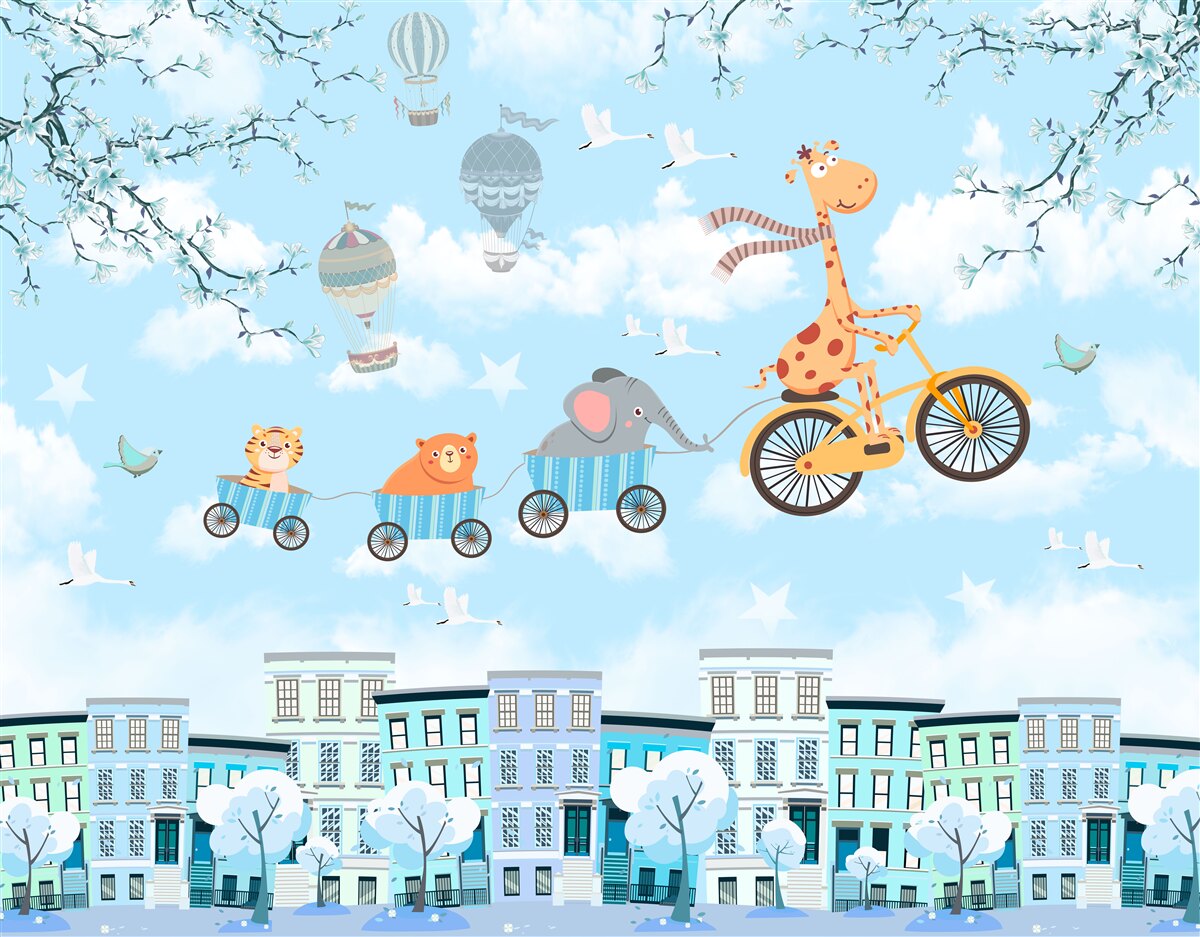 Fototapet un grup de tineri prieteni cu o girafă se întorc acasă