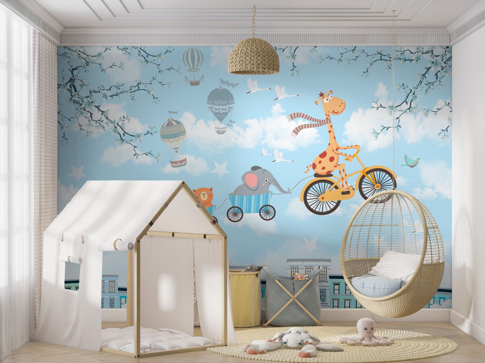 Fototapet un grup de tineri prieteni cu o girafă se întorc acasă