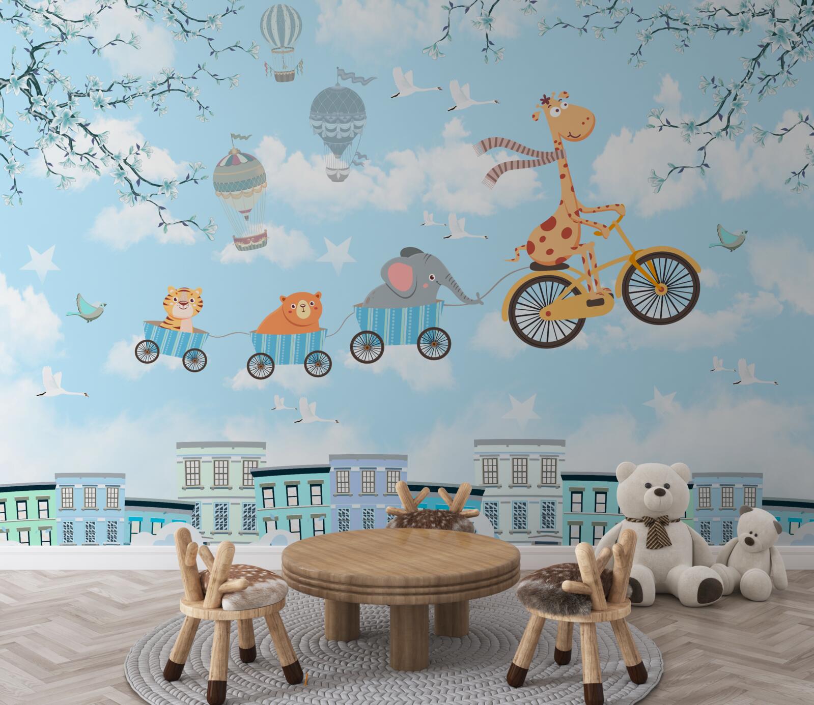 Fototapet un grup de tineri prieteni cu o girafă se întorc acasă