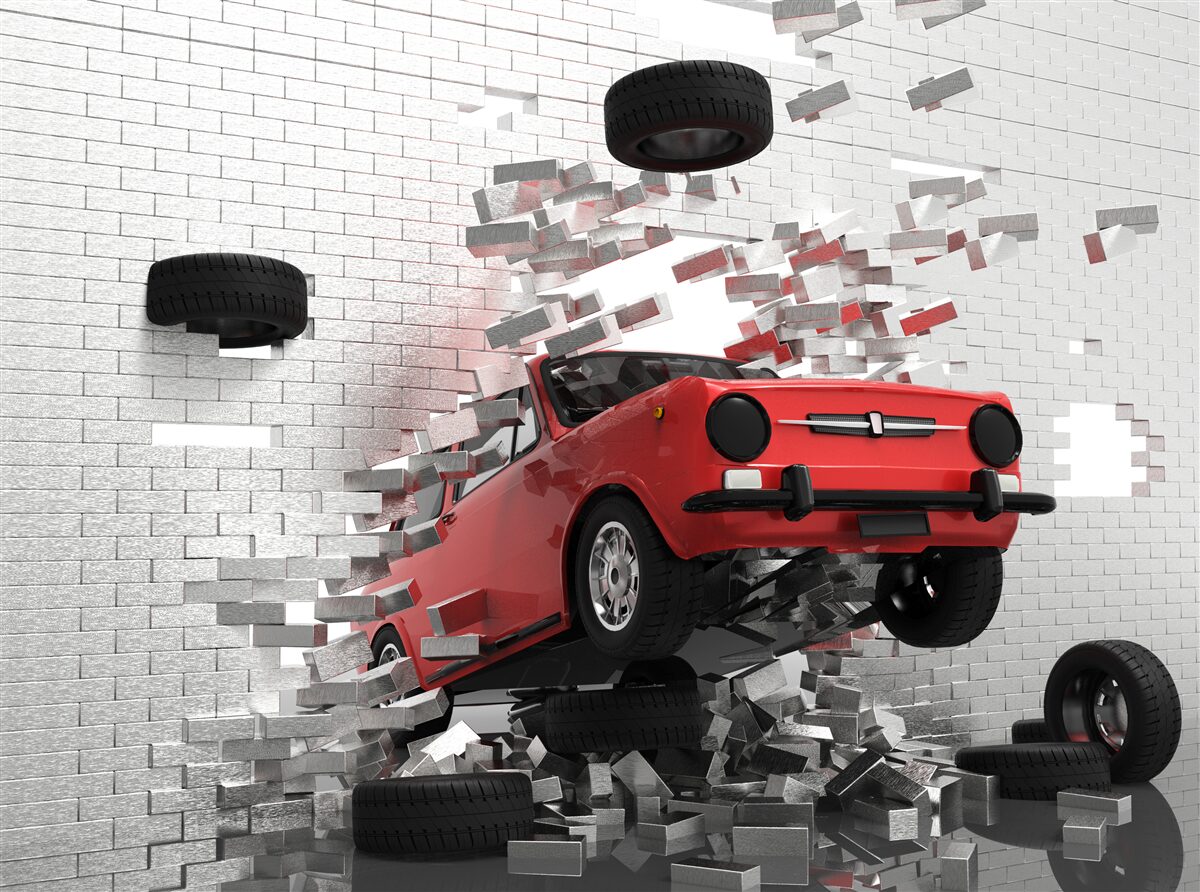 Fototapet mașina lovește un perete de cărămidă
