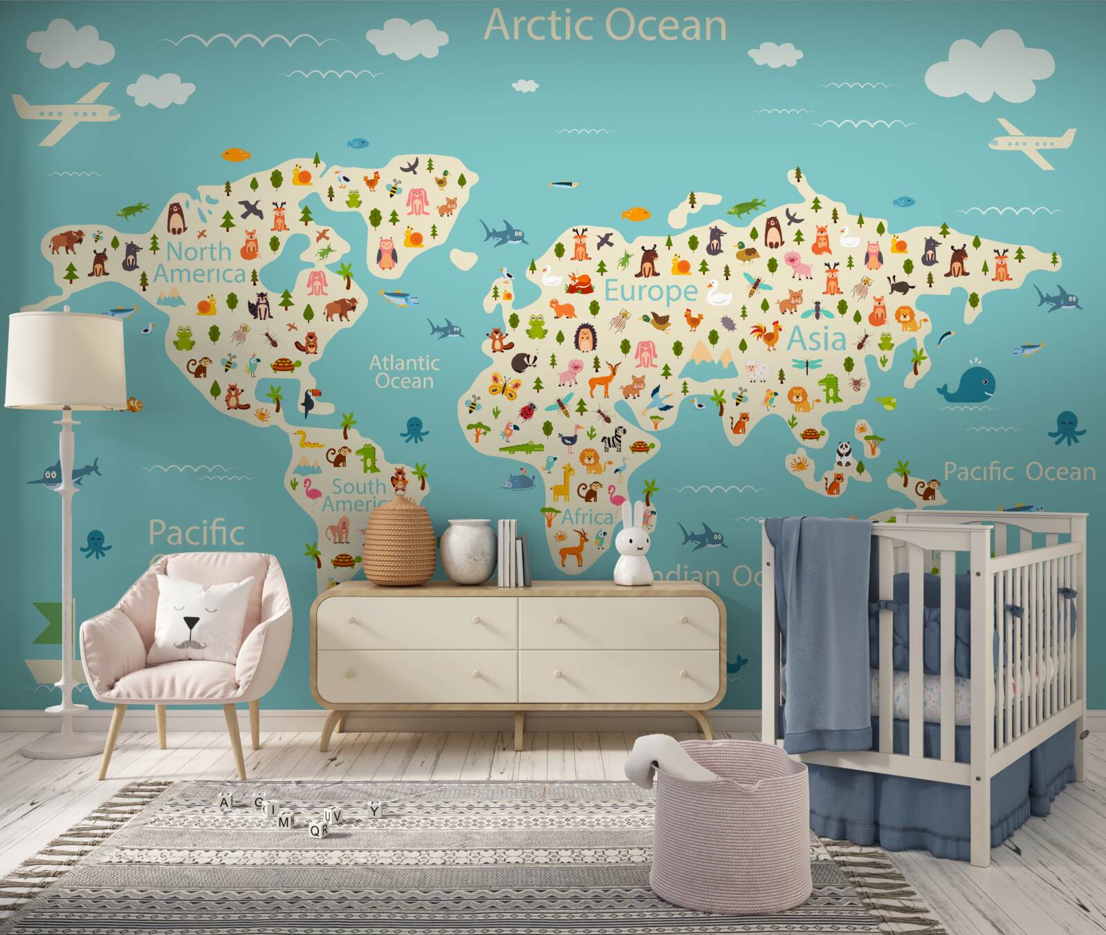 Fototapet harta lumii cu populație și elemente naturale