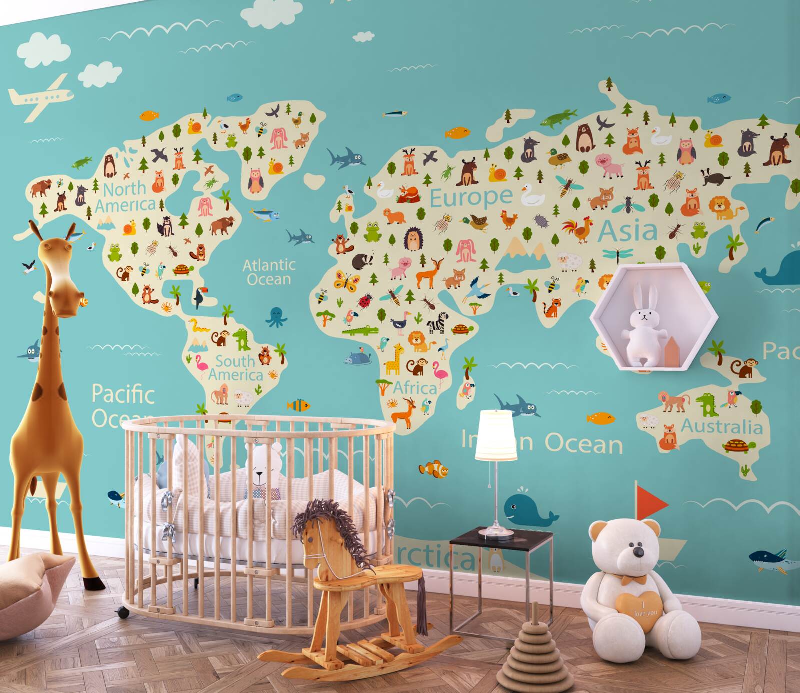 Fototapet harta lumii cu populație și elemente naturale