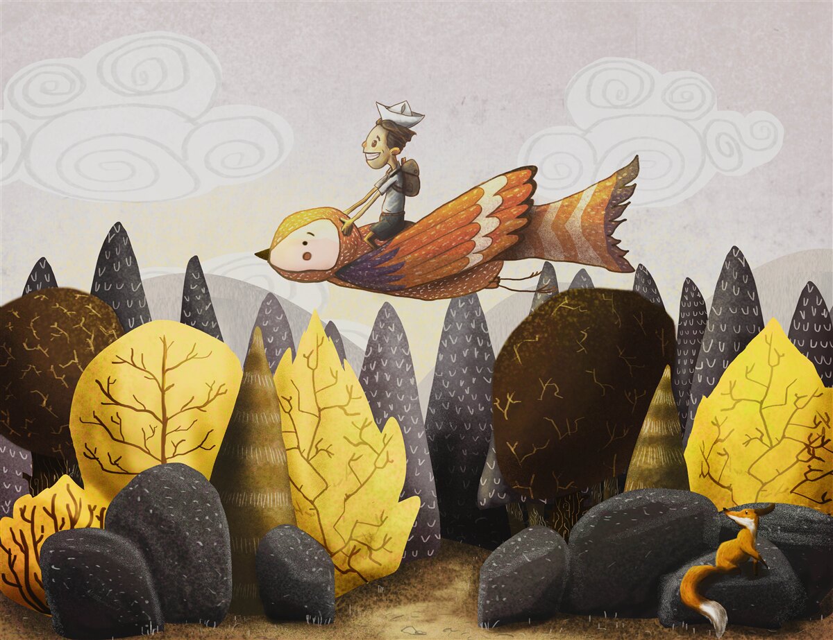 Fototapet un tânăr călărește o pasăre