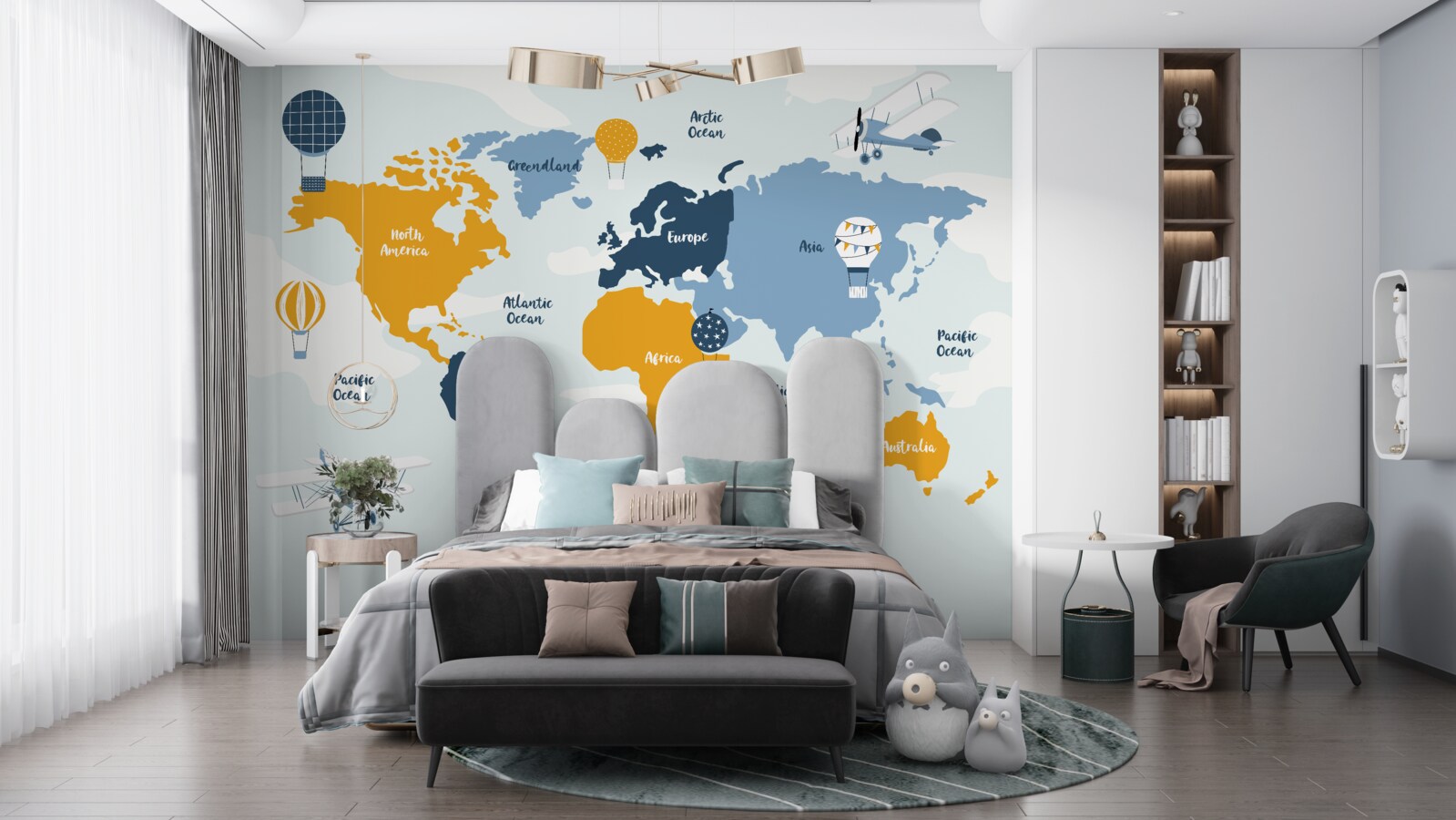 Fototapet hartă a lumii cu numele continentelor în culori