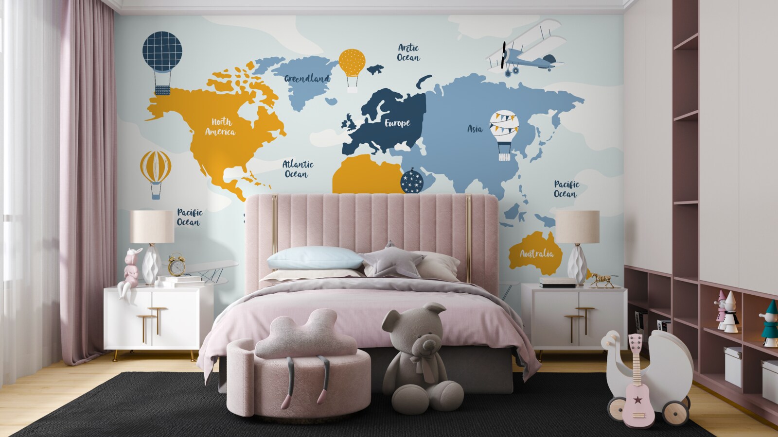 Fototapet hartă a lumii cu numele continentelor în culori