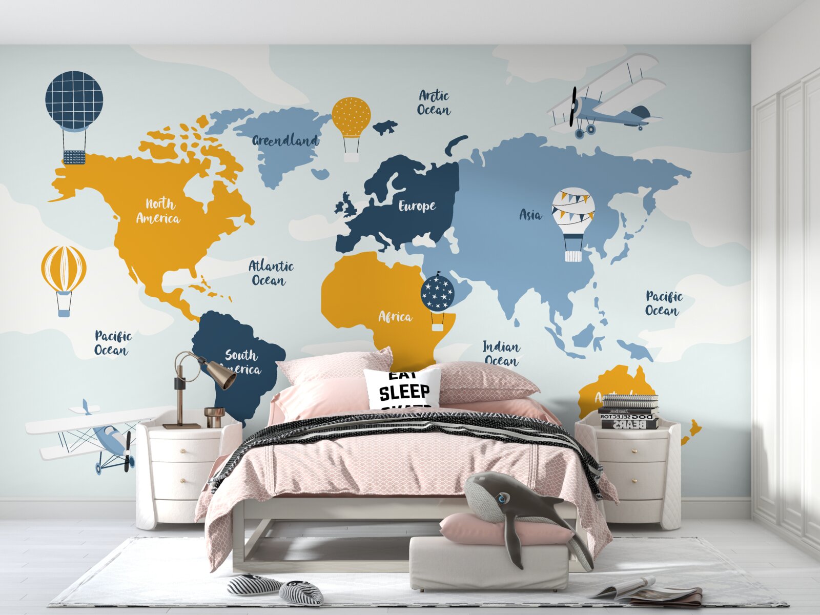 Fototapet hartă a lumii cu numele continentelor în culori