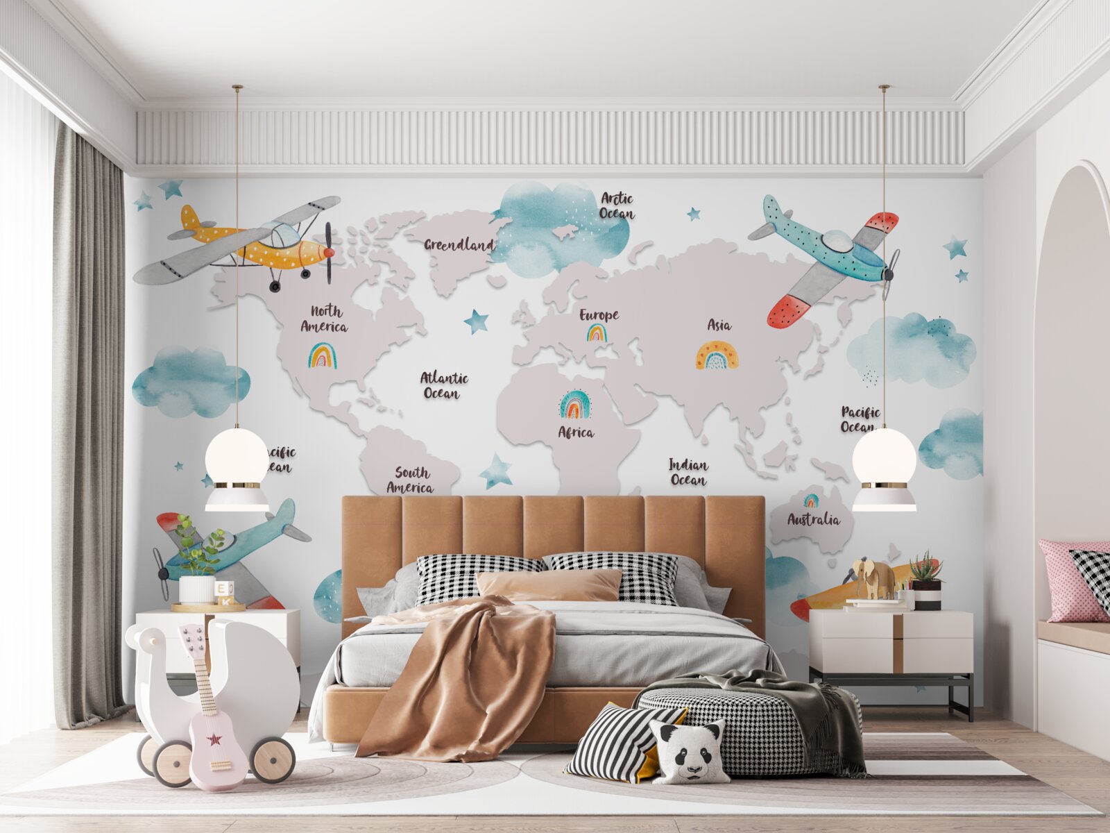 Fototapet numele continentelor și al planetelor pe o hartă planetară