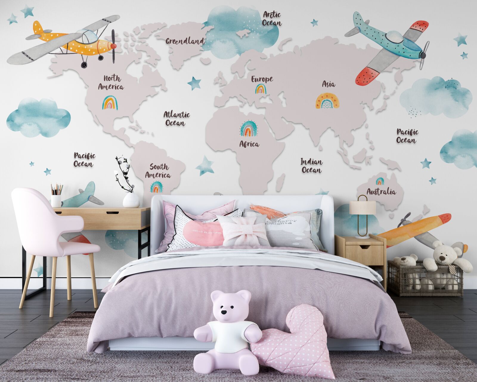 Fototapet numele continentelor și al planetelor pe o hartă planetară