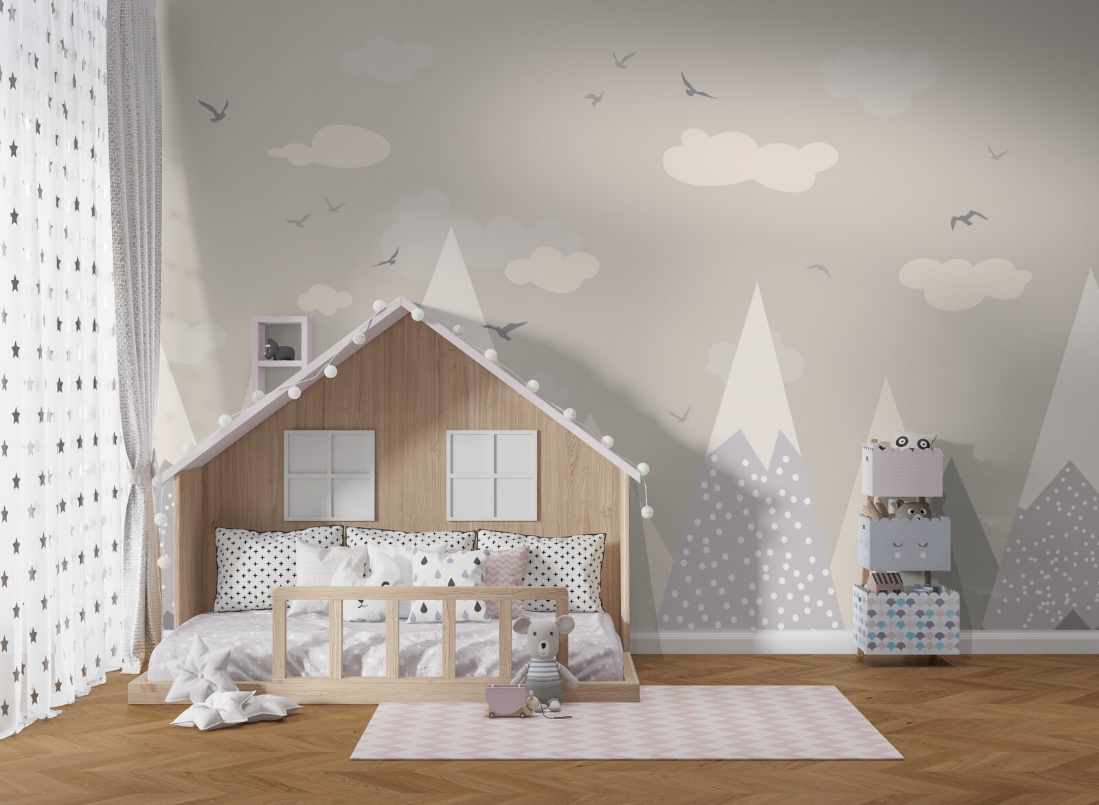 Fototapet vârfuri muntoase înzăpezite și păsări