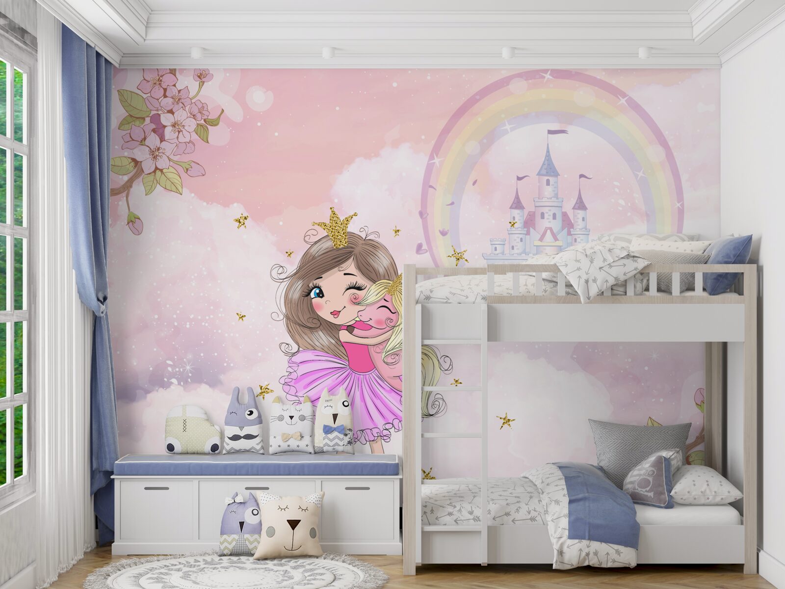 Fototapet lângă castel există o zână și prietenul ei unicorn