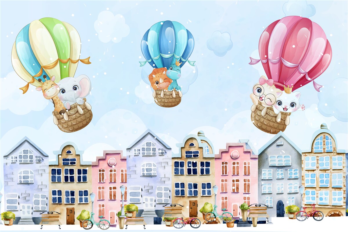 Fototapet animalele zboară deasupra orașului, echilibrându-se pe bile