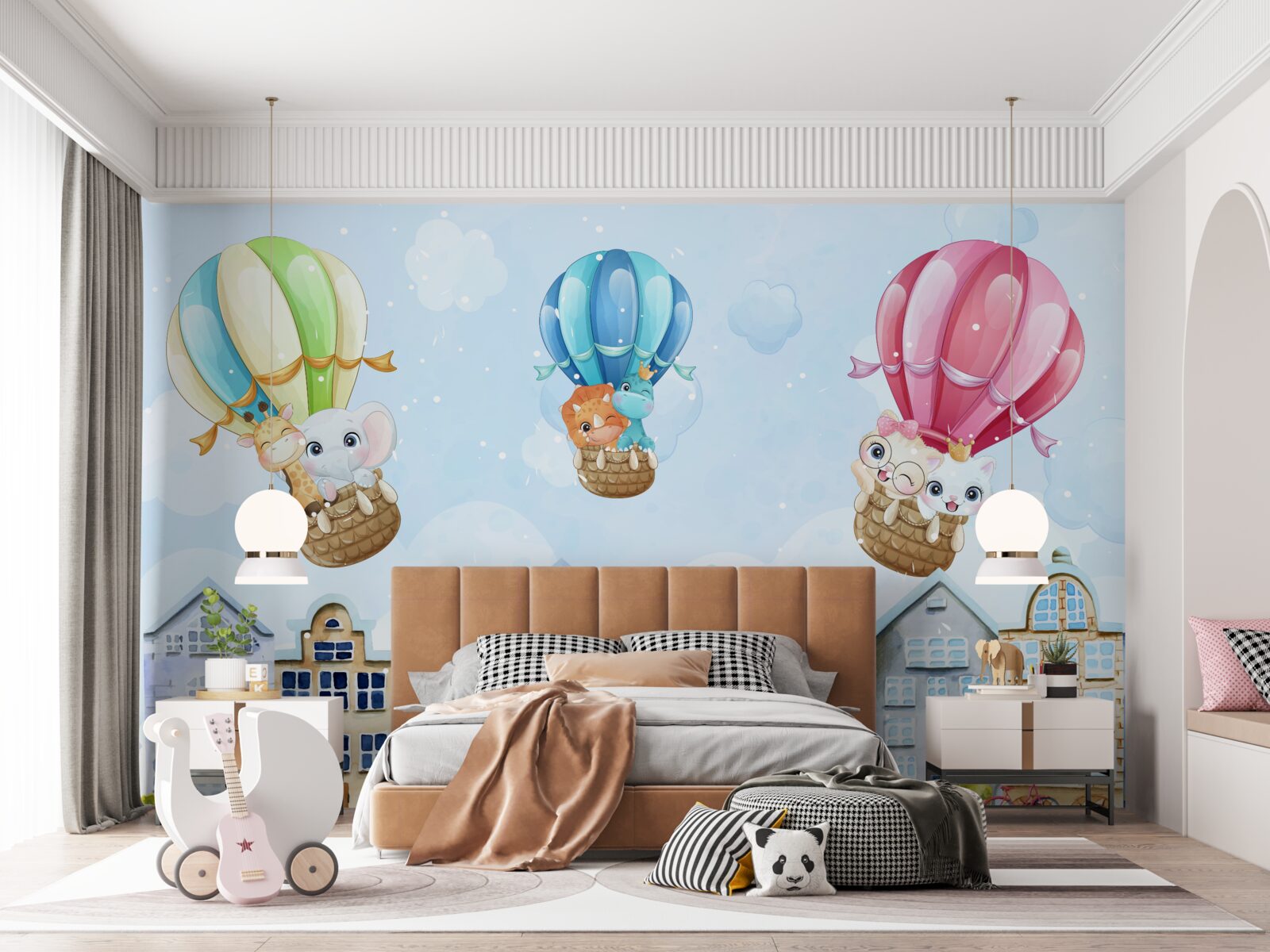 Fototapet animalele zboară deasupra orașului, echilibrându-se pe bile