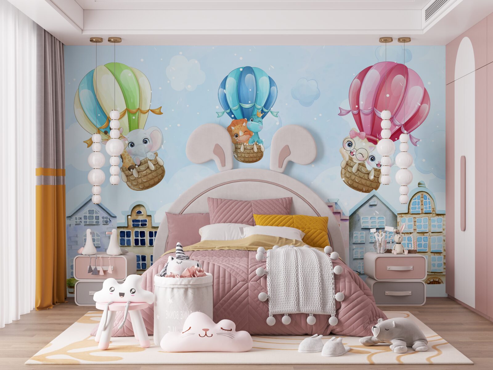 Fototapet animalele zboară deasupra orașului, echilibrându-se pe bile