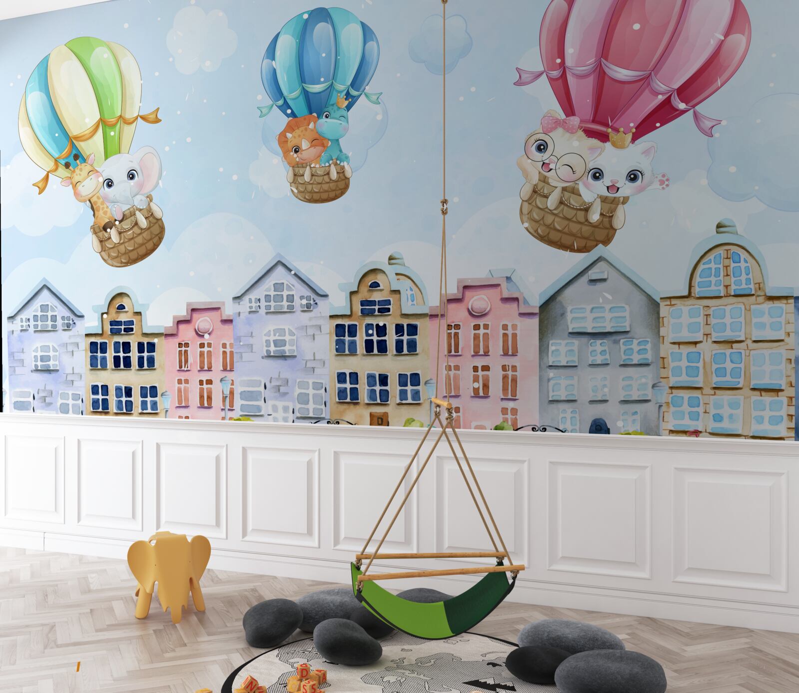 Fototapet animalele zboară deasupra orașului, echilibrându-se pe bile