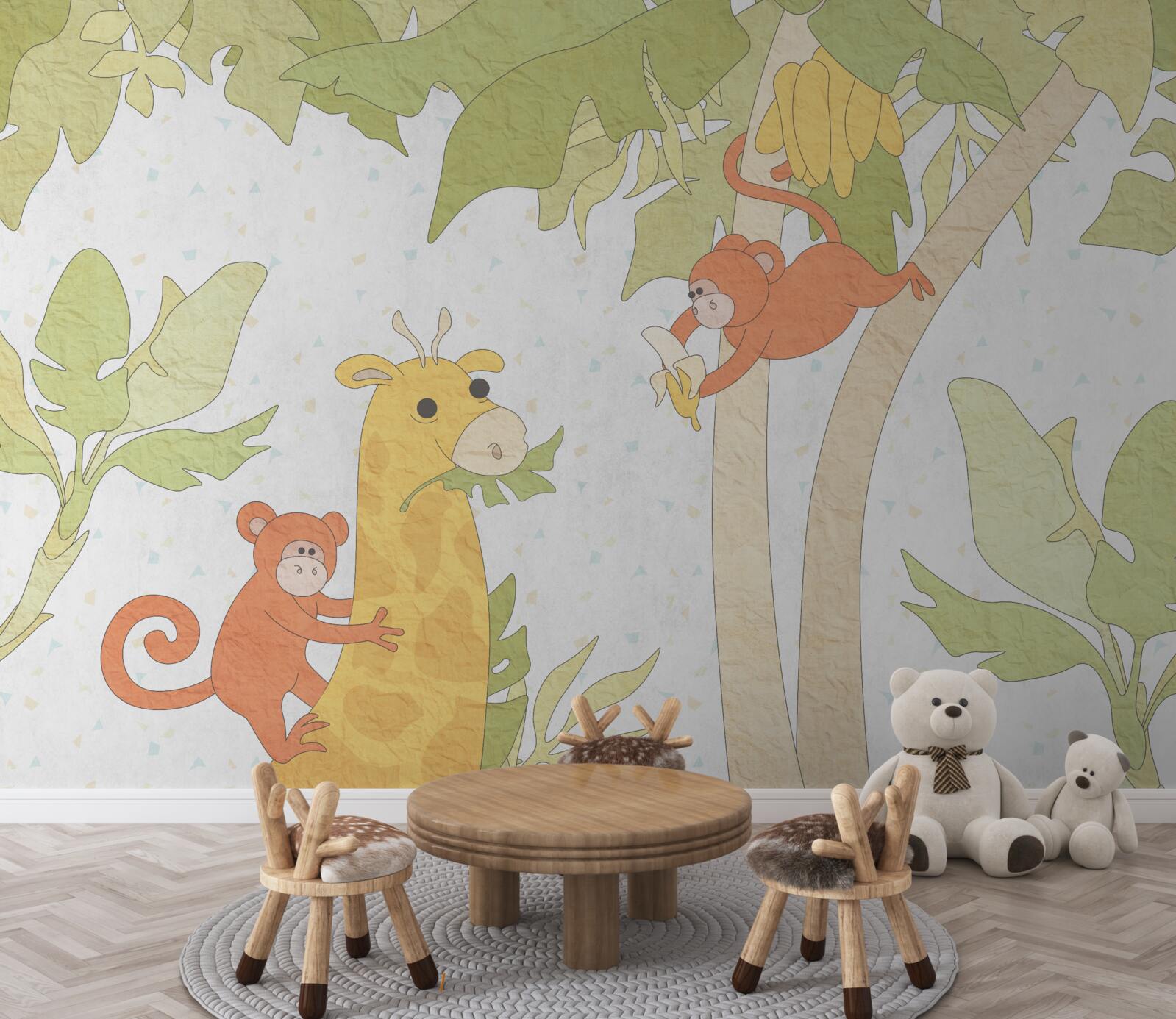 Fototapet Girafa este hrănită de maimuțe