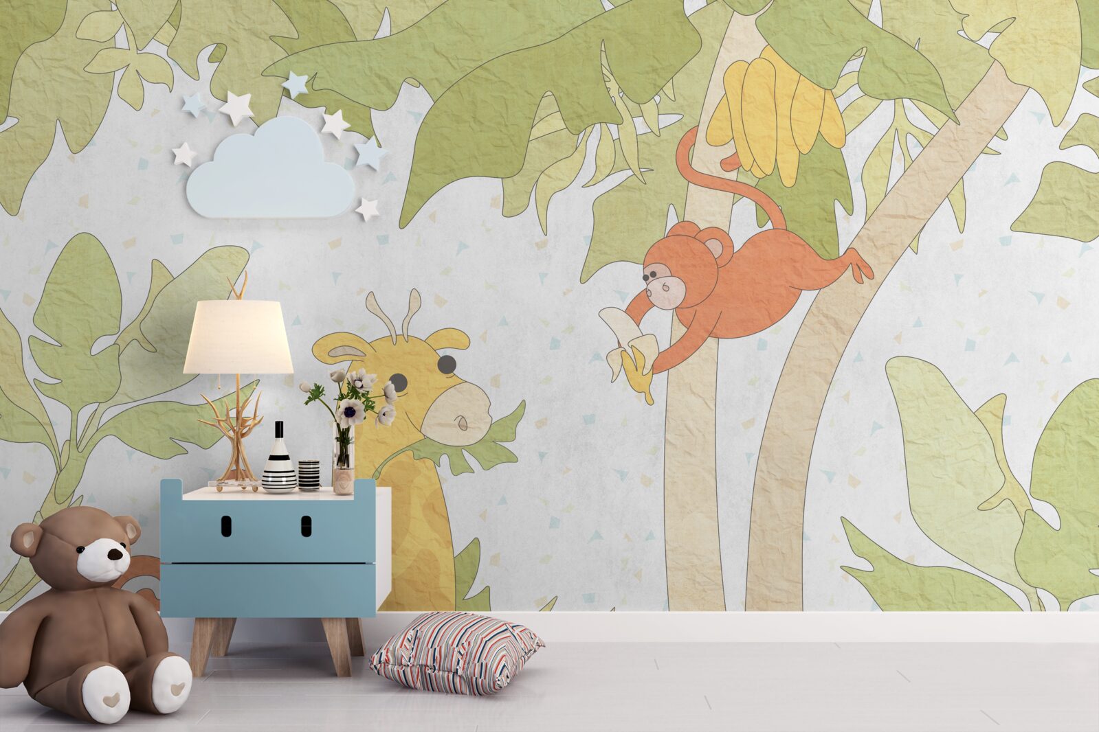 Fototapet Girafa este hrănită de maimuțe