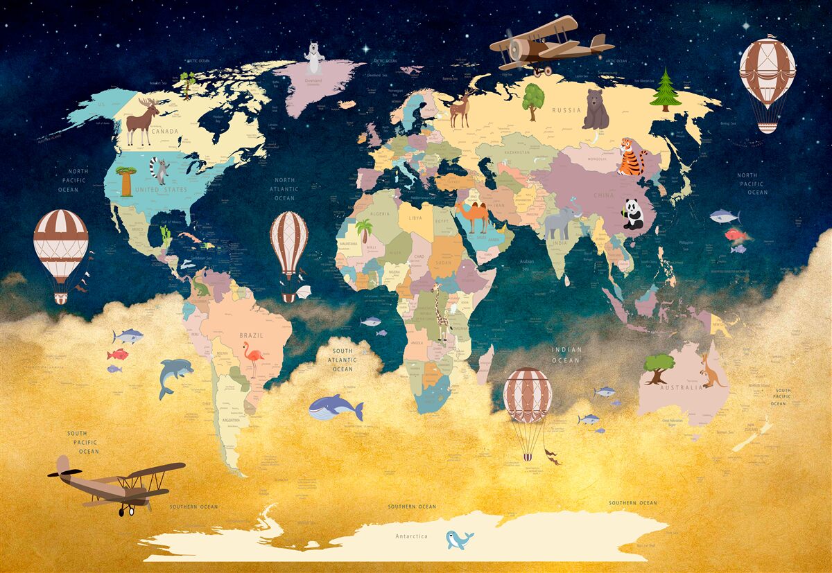 Fototapet harta lumii în albastru și galben