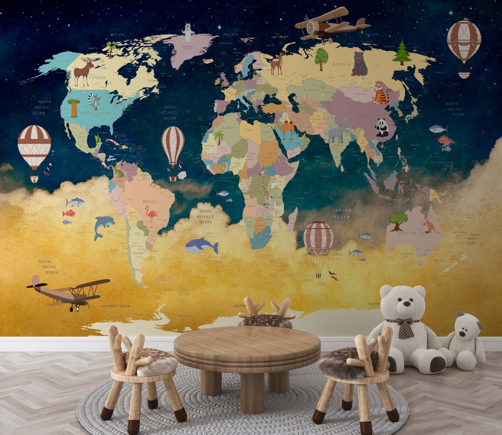 Fototapet harta lumii în albastru și galben