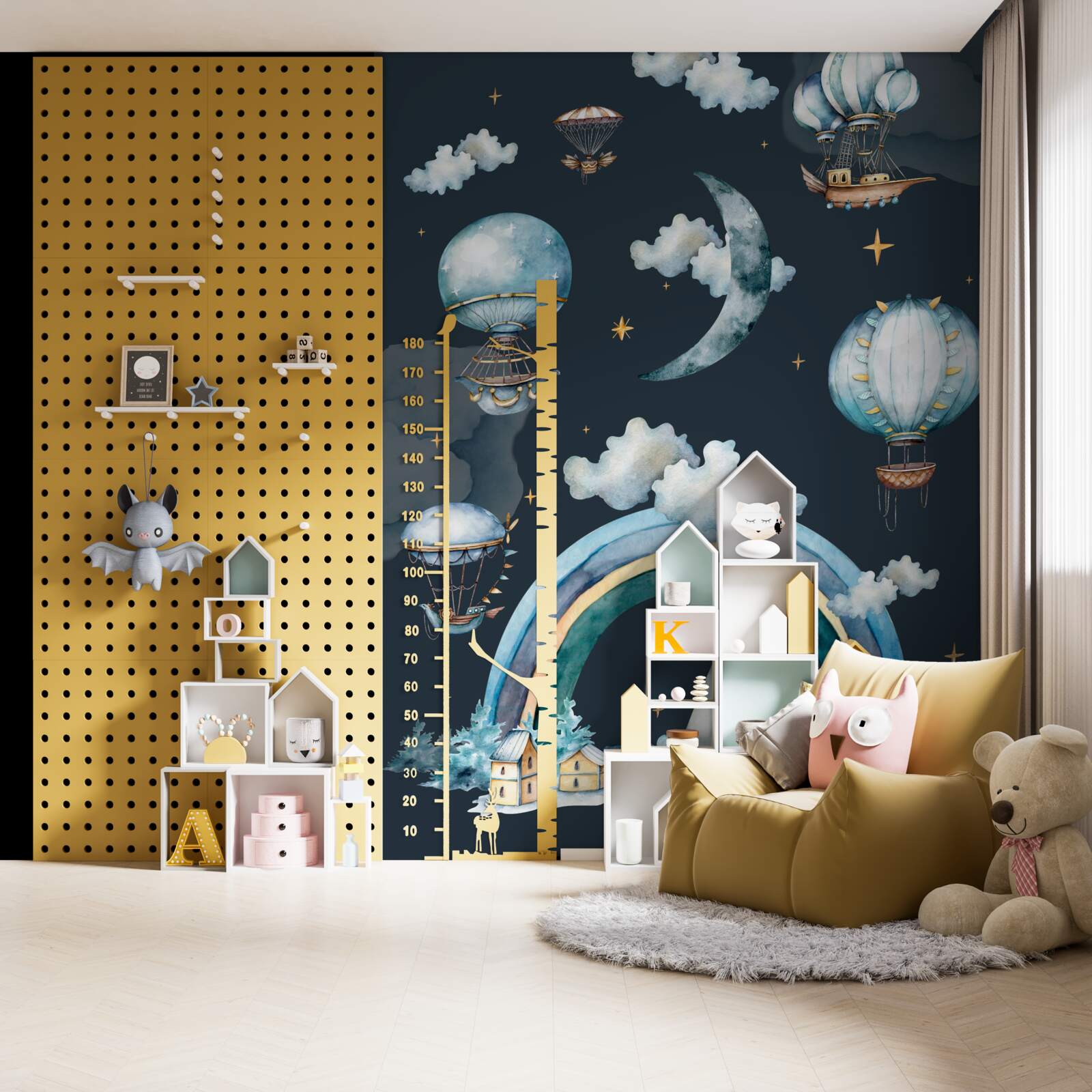 Fototapet casă de basm, situată la poalele muntelui de sub curcubeu