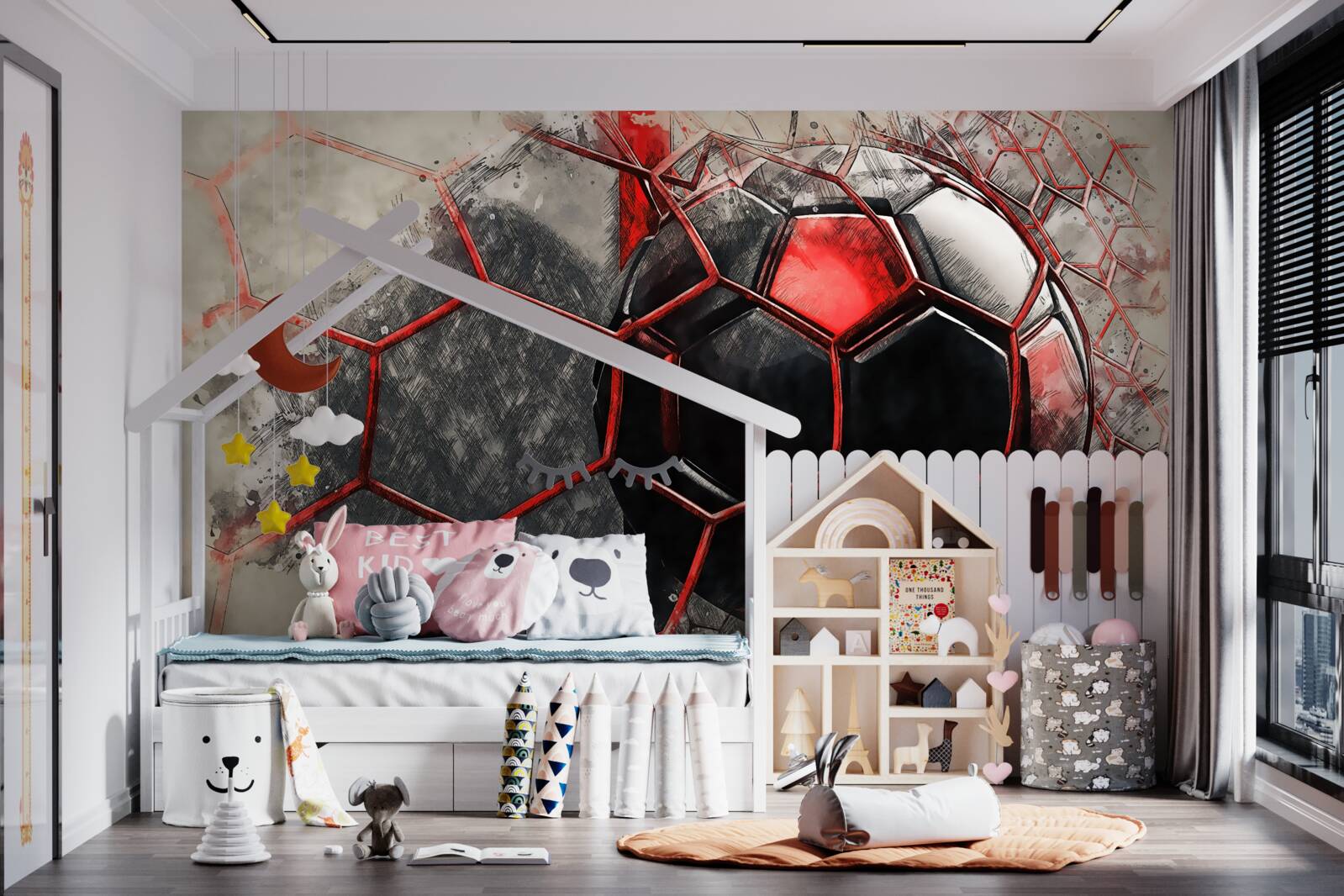 Fototapet plasa este ruptă de mingea de fotbal